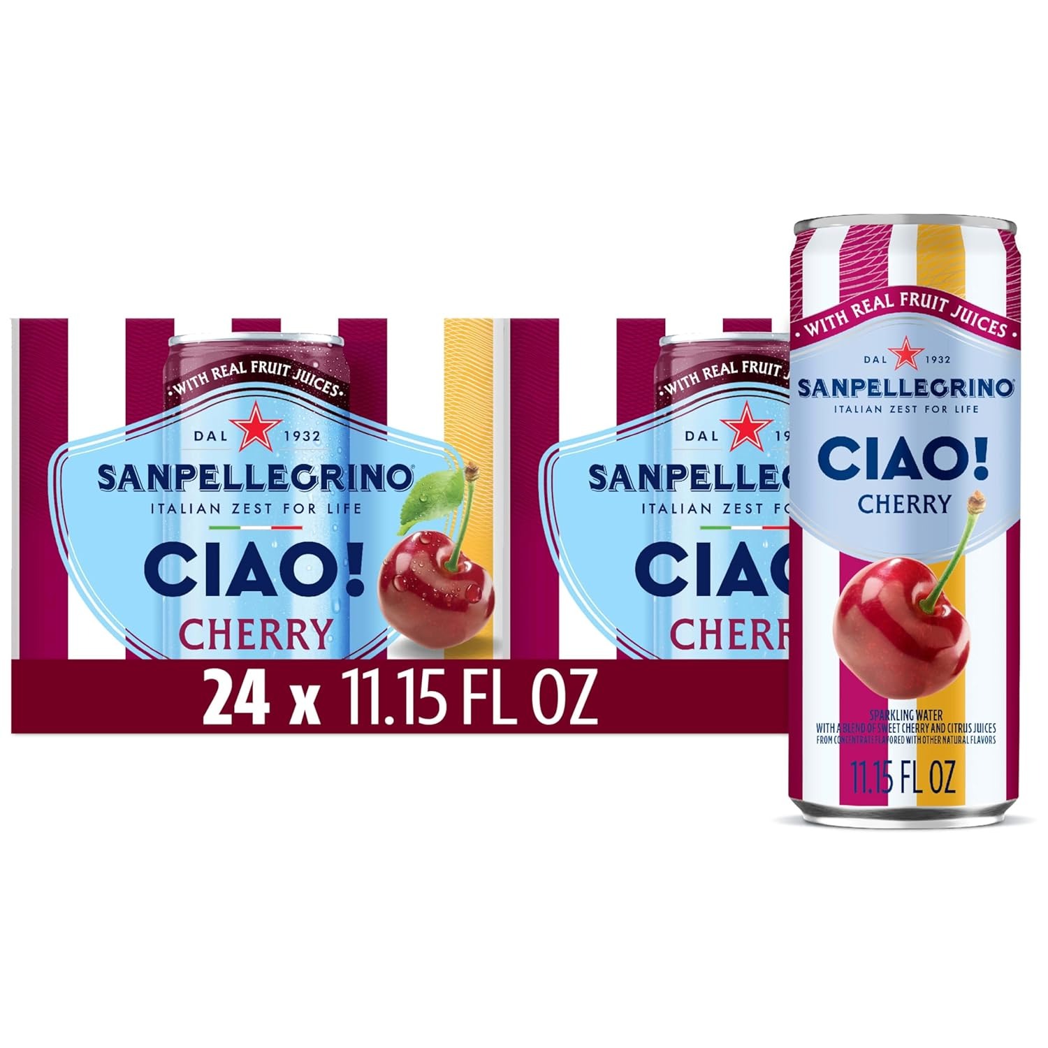 Sanpellegrino CIAO! Cherry Sparkling Water, Low-Cal, 0g Added Sugar, 24-Pack