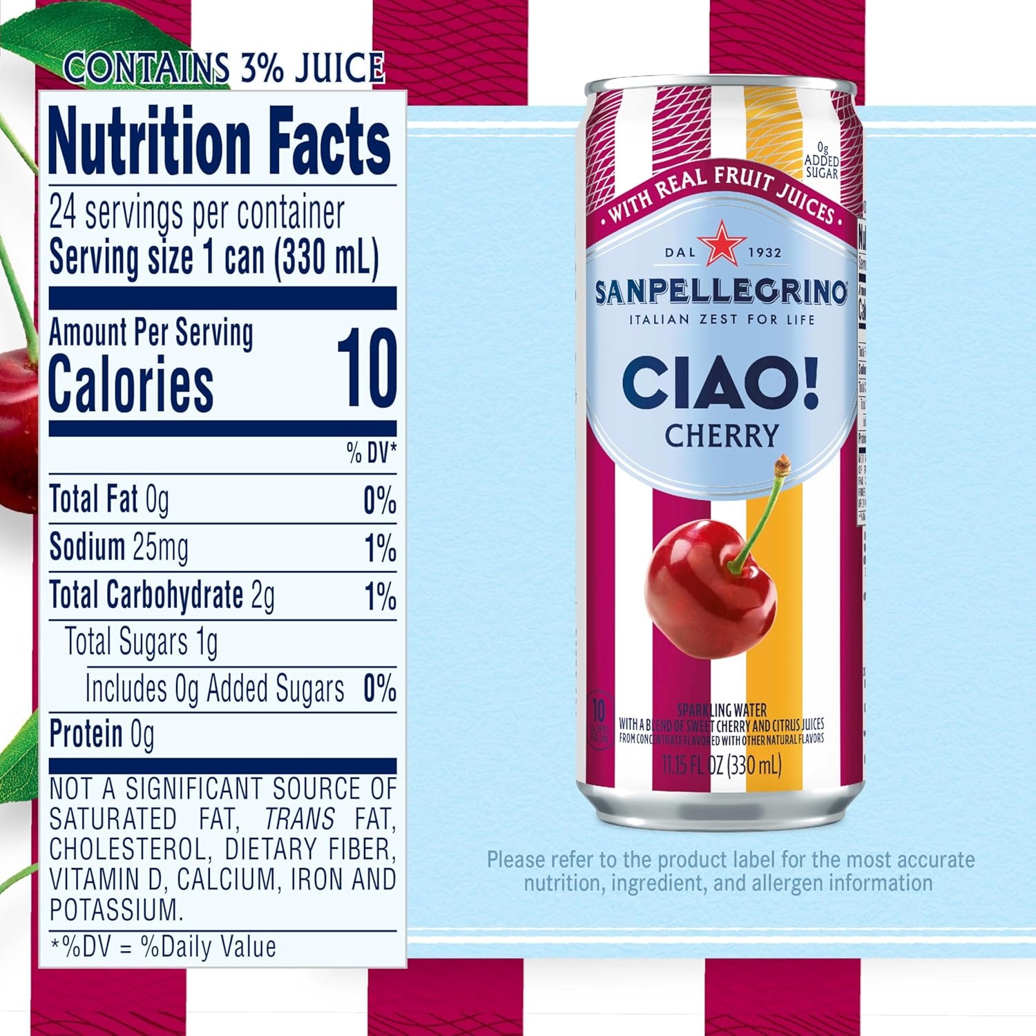 Alternative view of Sanpellegrino CIAO! Cherry Sparkling Water, Low-Cal, 0g Added Sugar, 24-Pack