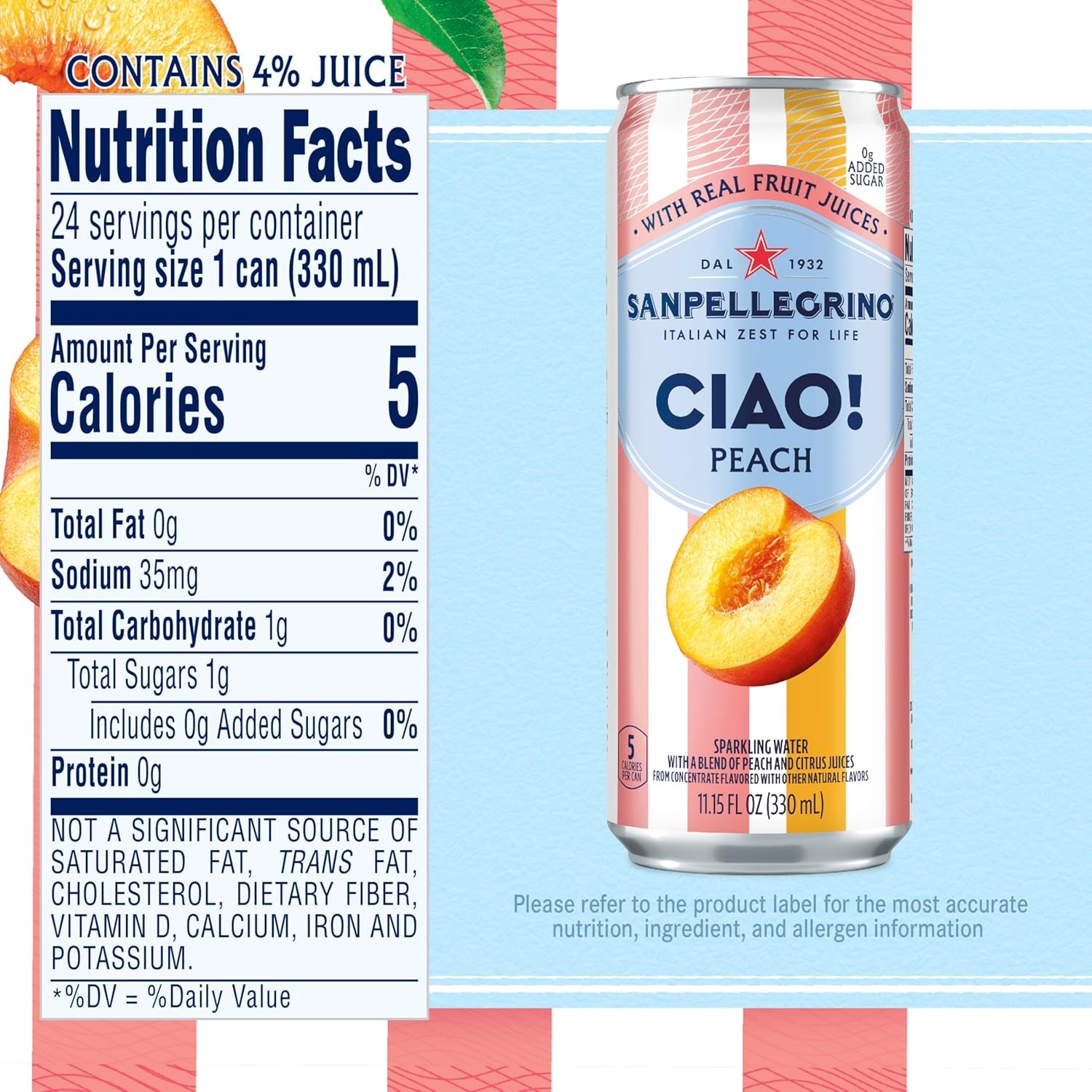 Alternative view of Sanpellegrino CIAO! Peach Sparkling Water, Low-Cal, 0g Added Sugar, 24-Pack