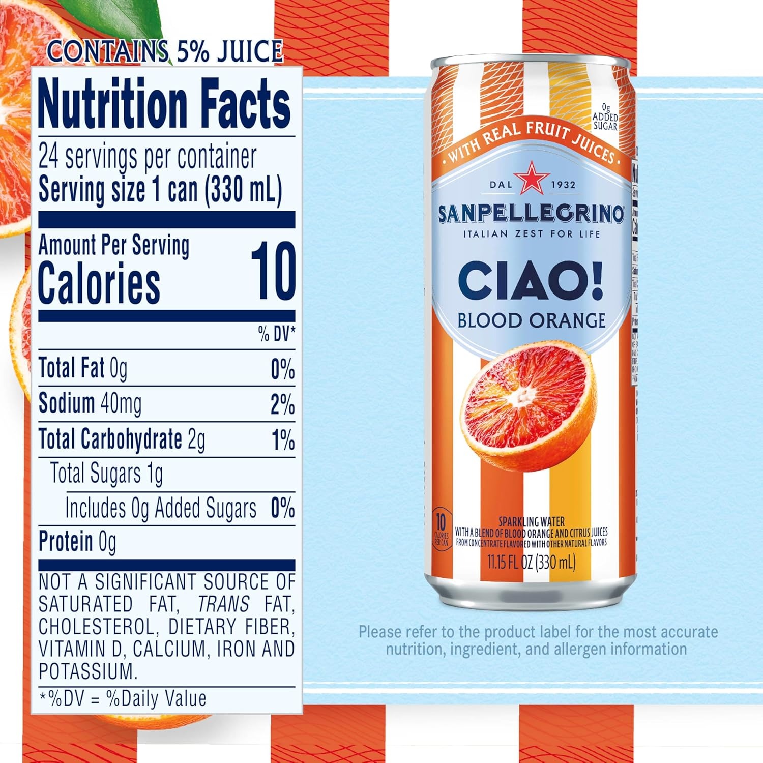 Sanpellegrino CIAO! Blood Orange Sparkling Water, Low-Cal, 0g Added Sugar, 24-Pack - Image 6